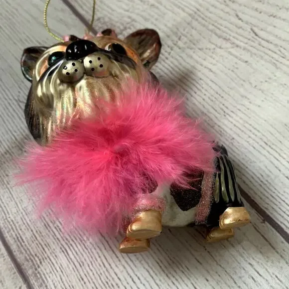 Yorkshire Terrier Dog Glass Christmas Tree Ornament Ballerina Feather Boa Yorkie - Picture 16 of 16